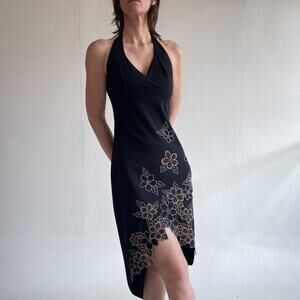 Y2K Black Floral Beaded Halter Formal Dress Sz S Fairy Goth Prom Wedding